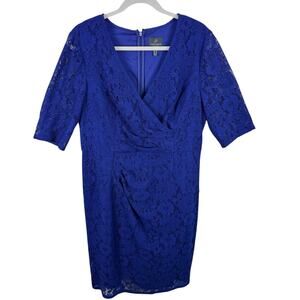Adrianna Papell Blue Floral Lace 3/4 Sleeve Faux Wrap Midi Dress Size 16